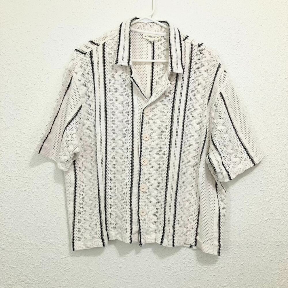 Morse Code Womens L Open Weave Textured Camp Shirt Coastal Boho Boxy Striped
